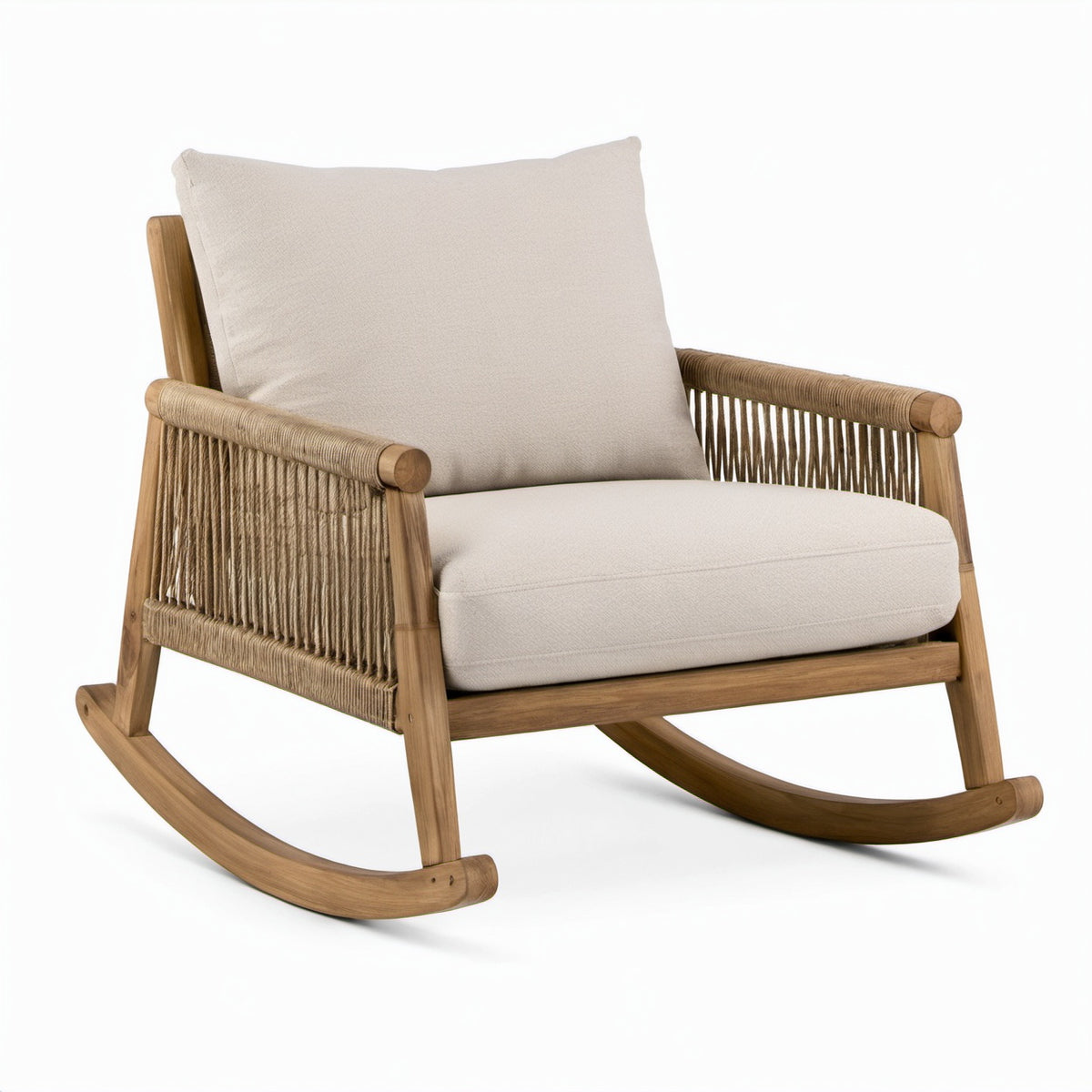 Teakholz-Schaukelstuhl mit Baumwoll- und Juteseil, Beige