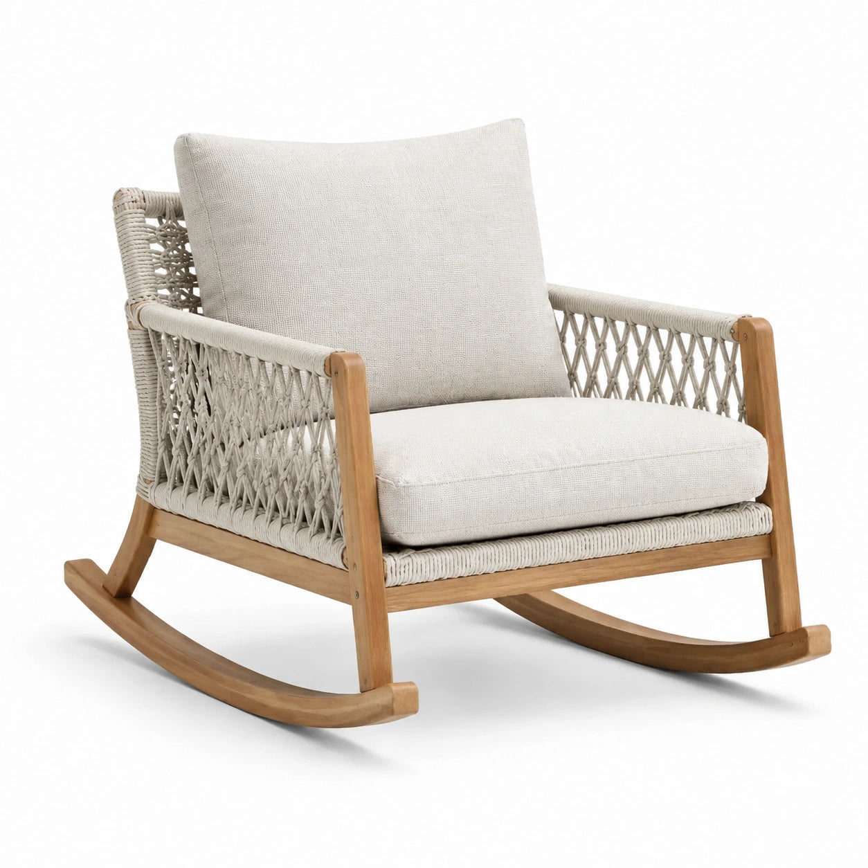 Schaukelstuhl aus Teakholz mit Baumwollseil und Polyesterfaser-Kissen Beige