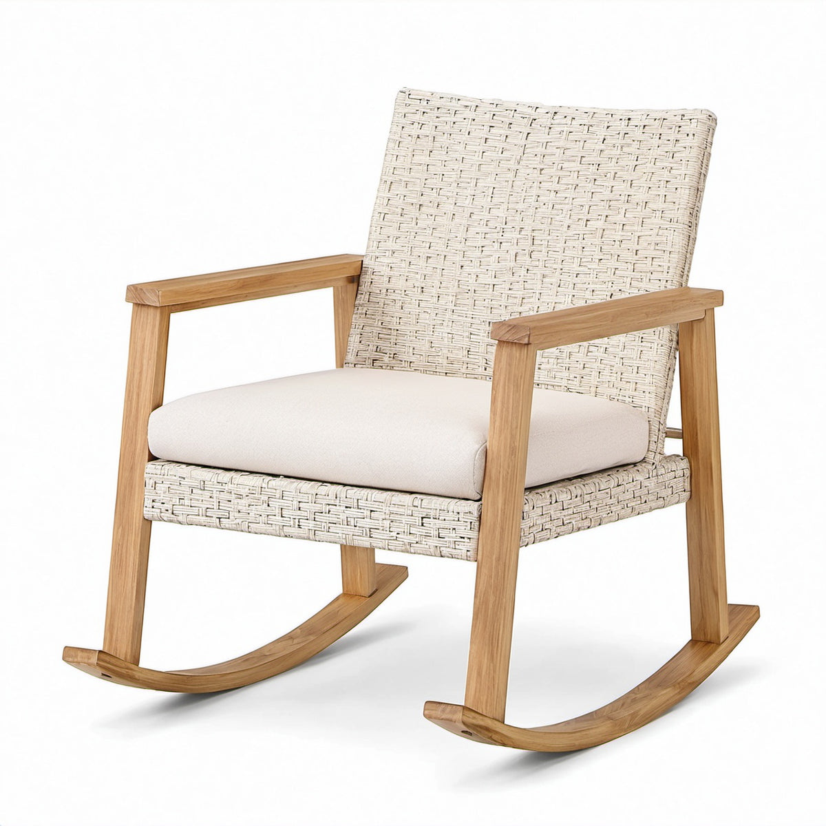 Schaukelstuhl aus Eichenholz mit Polyethylengeflecht und Leinenkissen, Naturholz/Beige