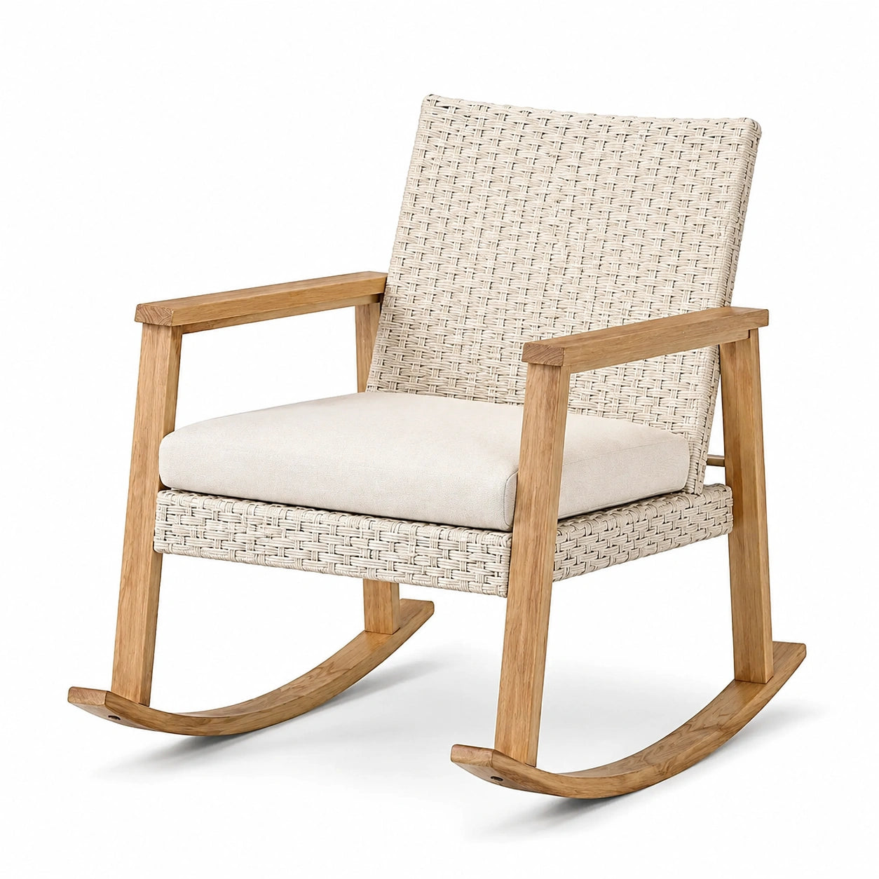 Schaukelstuhl aus Eichenholz mit Polyethylengeflecht und Leinenkissen, Naturholz/Beige