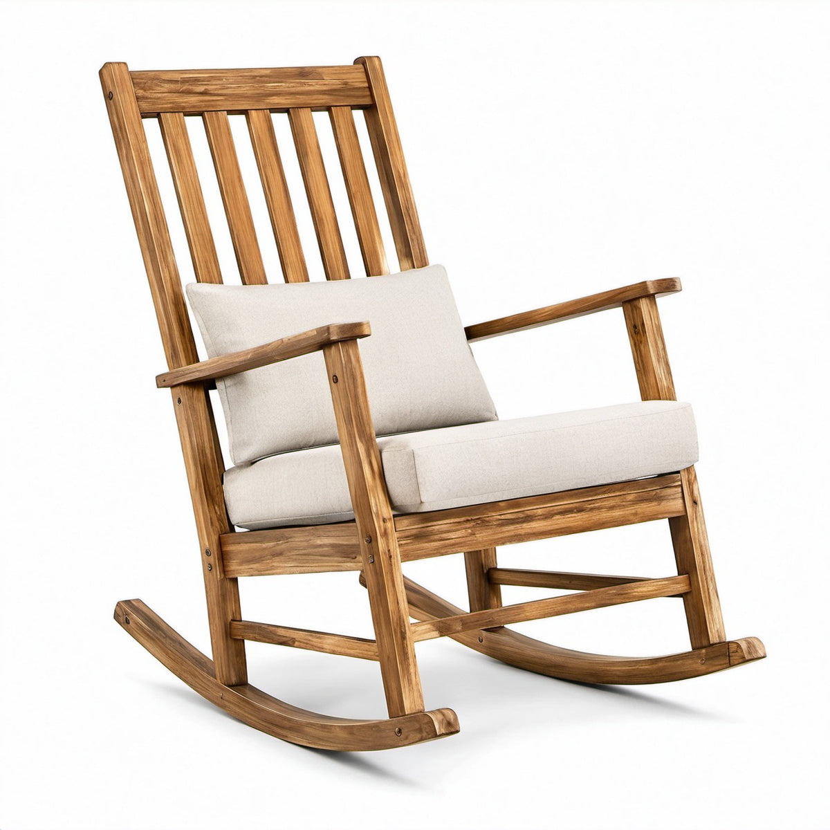 Holzschaukelstuhl mit Leinenbezug und Kissen, Braun/Beige