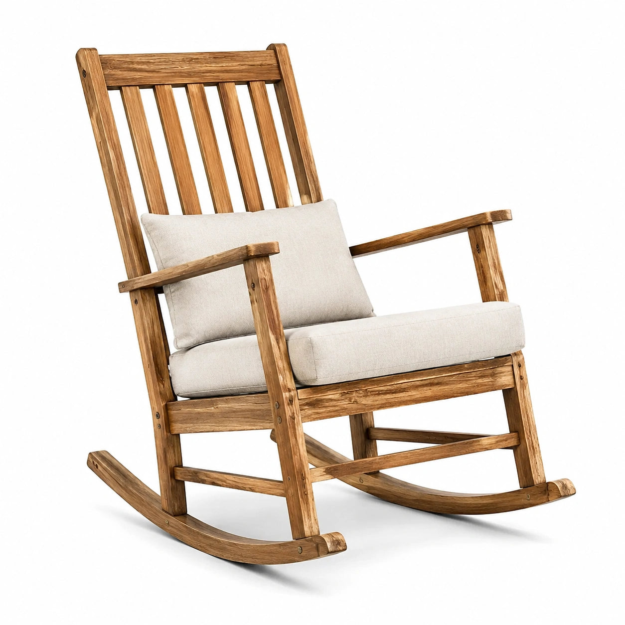 Holzschaukelstuhl mit Leinenbezug und Kissen, Braun/Beige