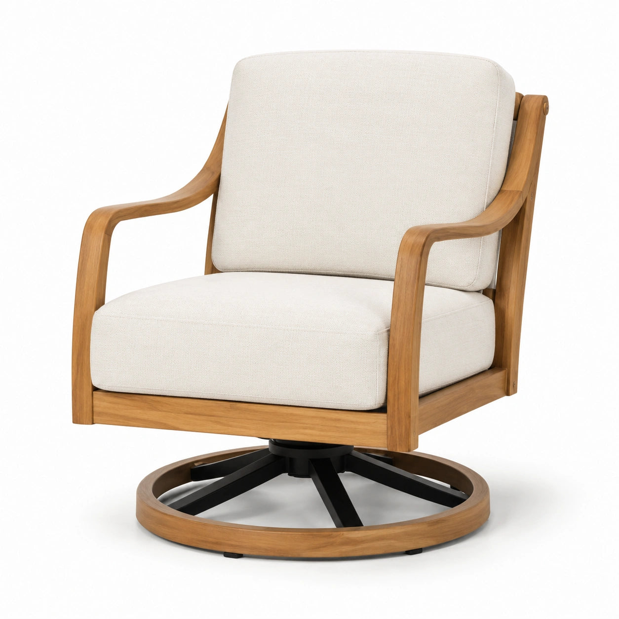 Drehsessel Teakholz mit Leinenbezug Creme 80x80x90cm