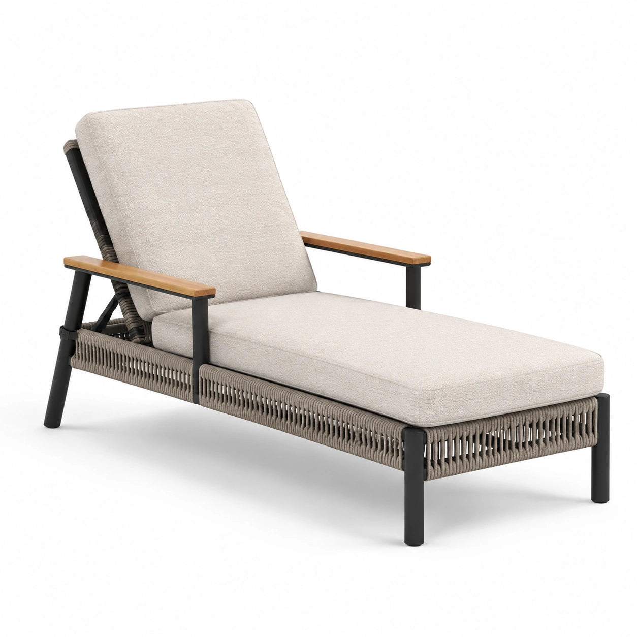 Aluminium Liegestuhl mit Polyester und Teakholz Beige