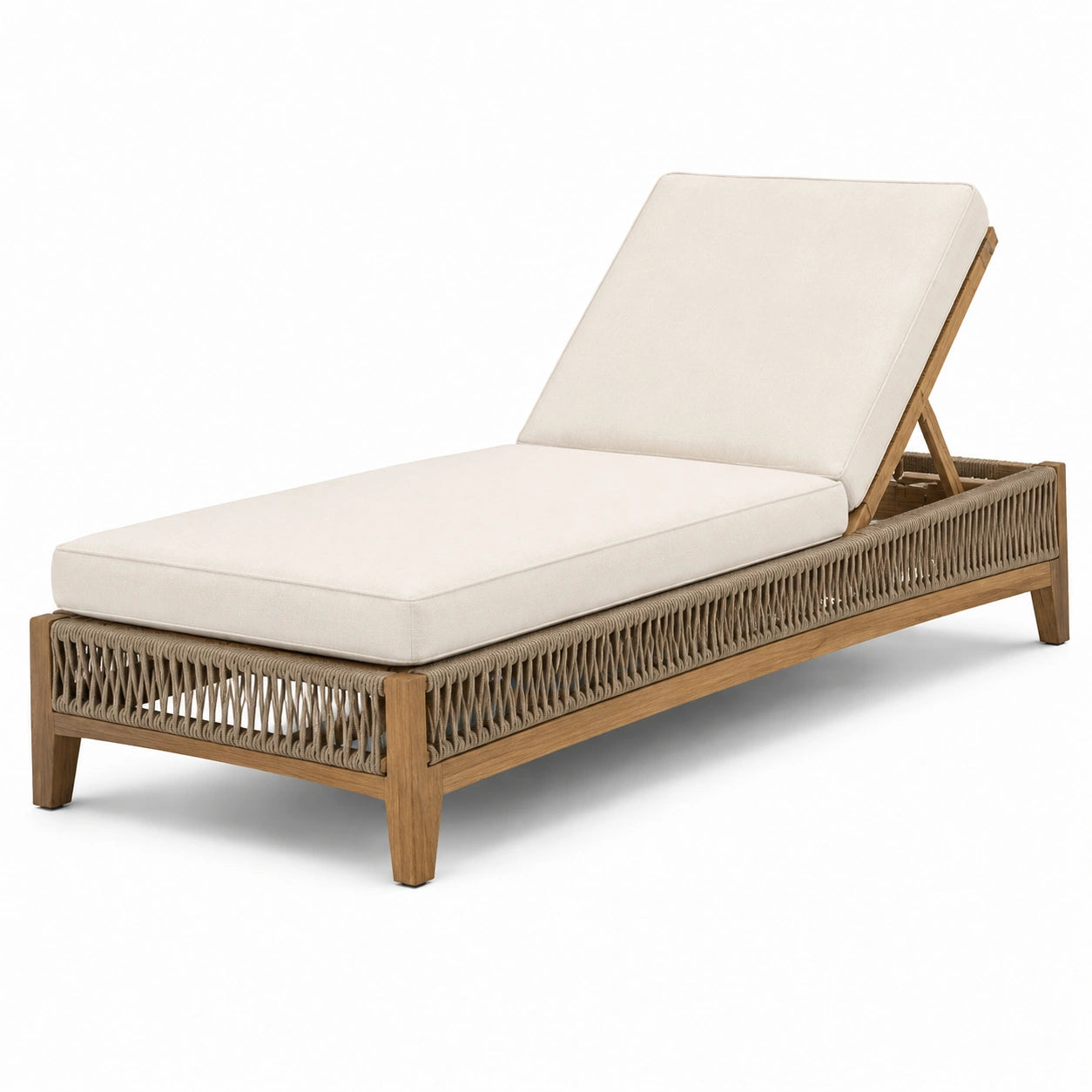 Gartenliege aus Teakholz und Polyrattan mit verstellbarer Rückenlehne, Polyesterkissen Beige