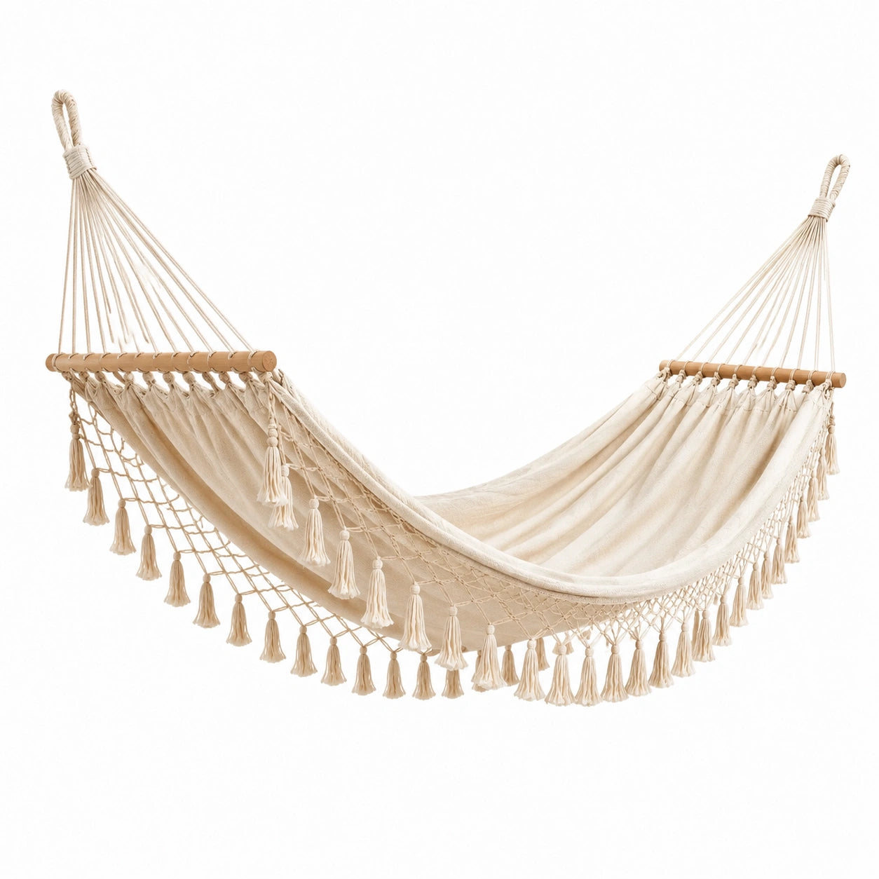 Hängematte Baumwolle mit Holz Beige 200x150cm