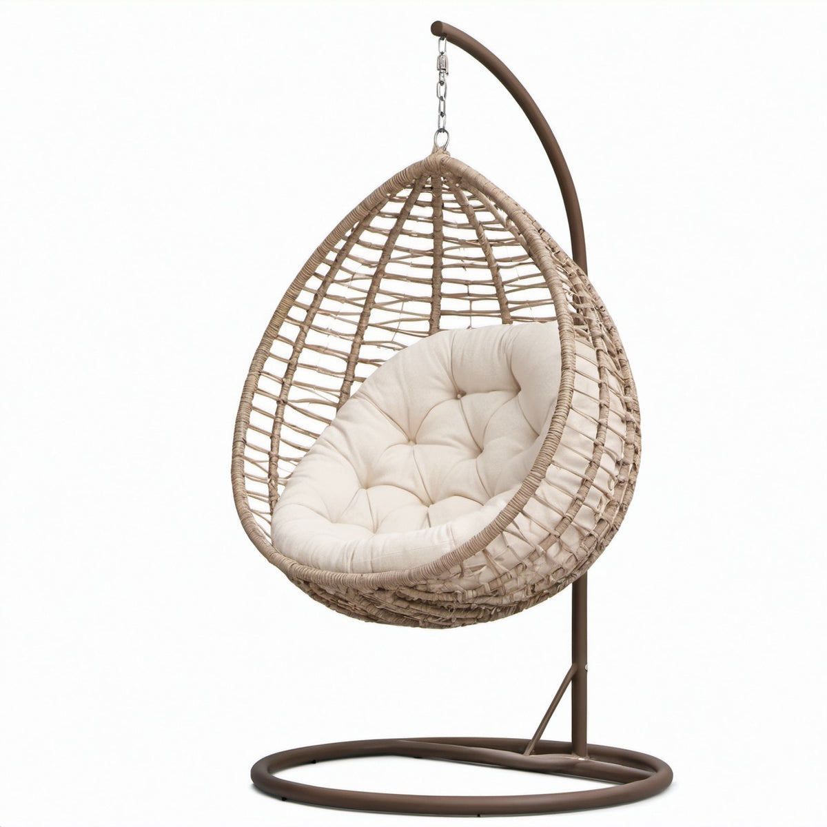 Rattan-Hängesessel mit Stahlrahmen und beige Polyesterkissen