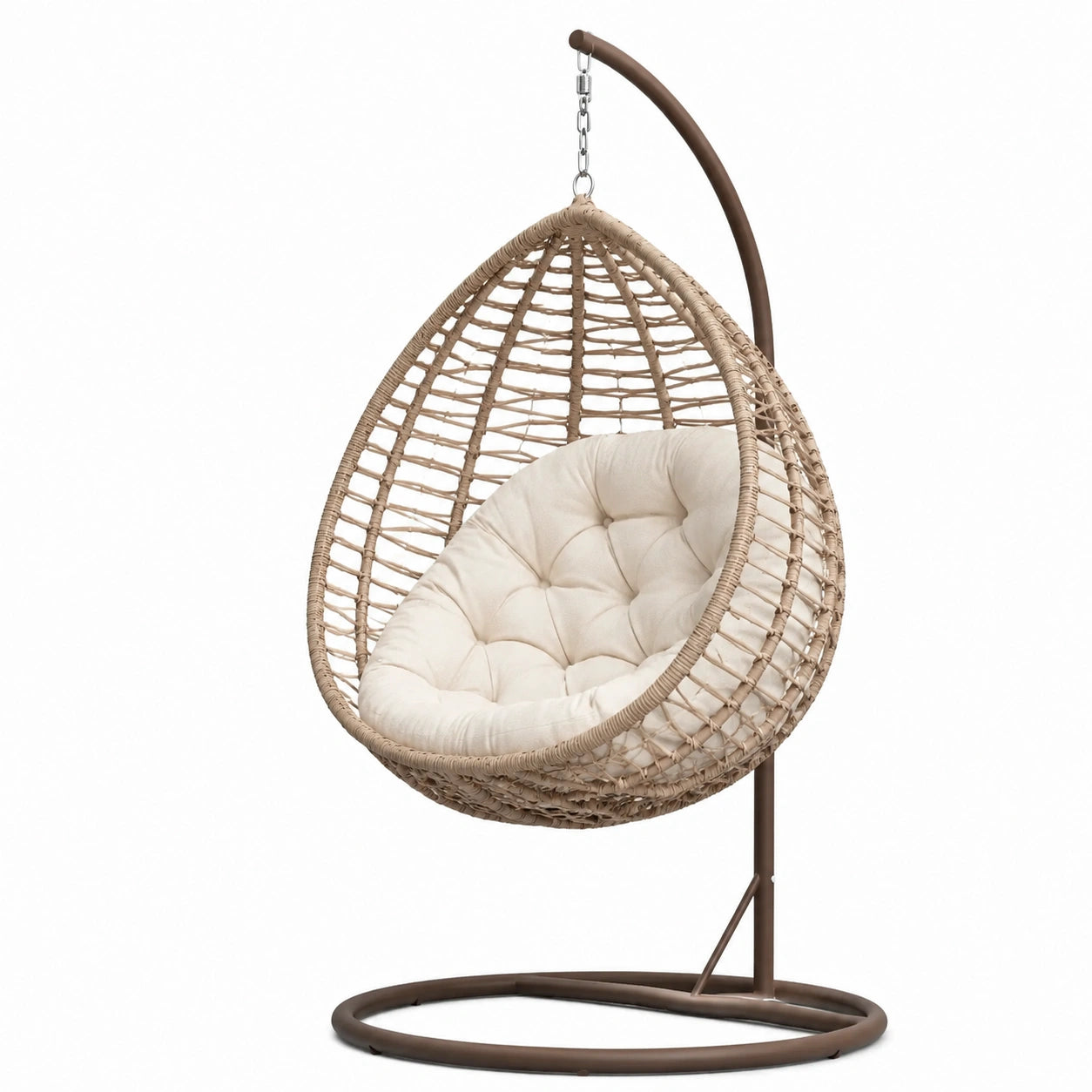 Rattan-Hängesessel mit Stahlrahmen und beige Polyesterkissen