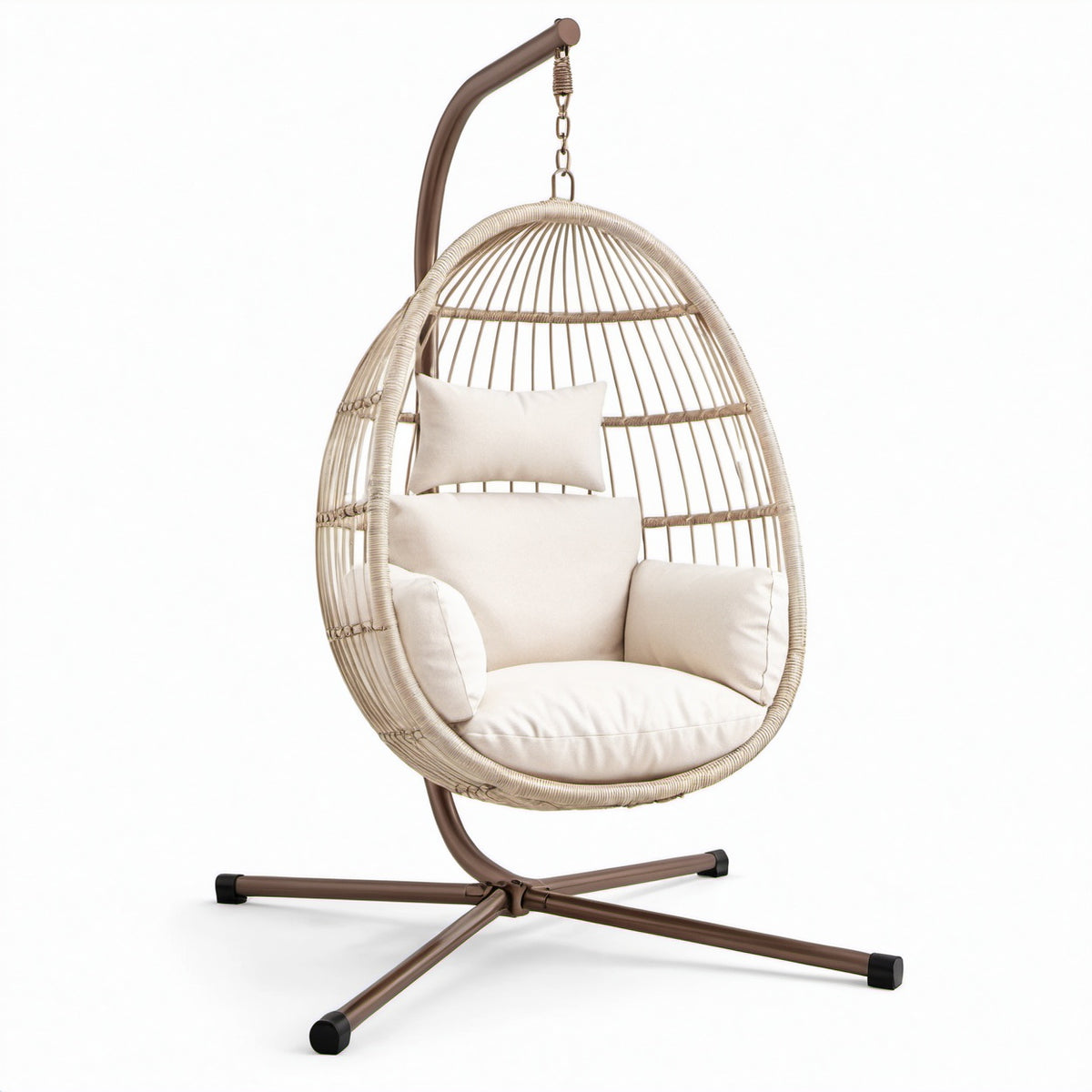 Rattan-Hängesessel mit Polyesterkissen und Stahlgestell, beige