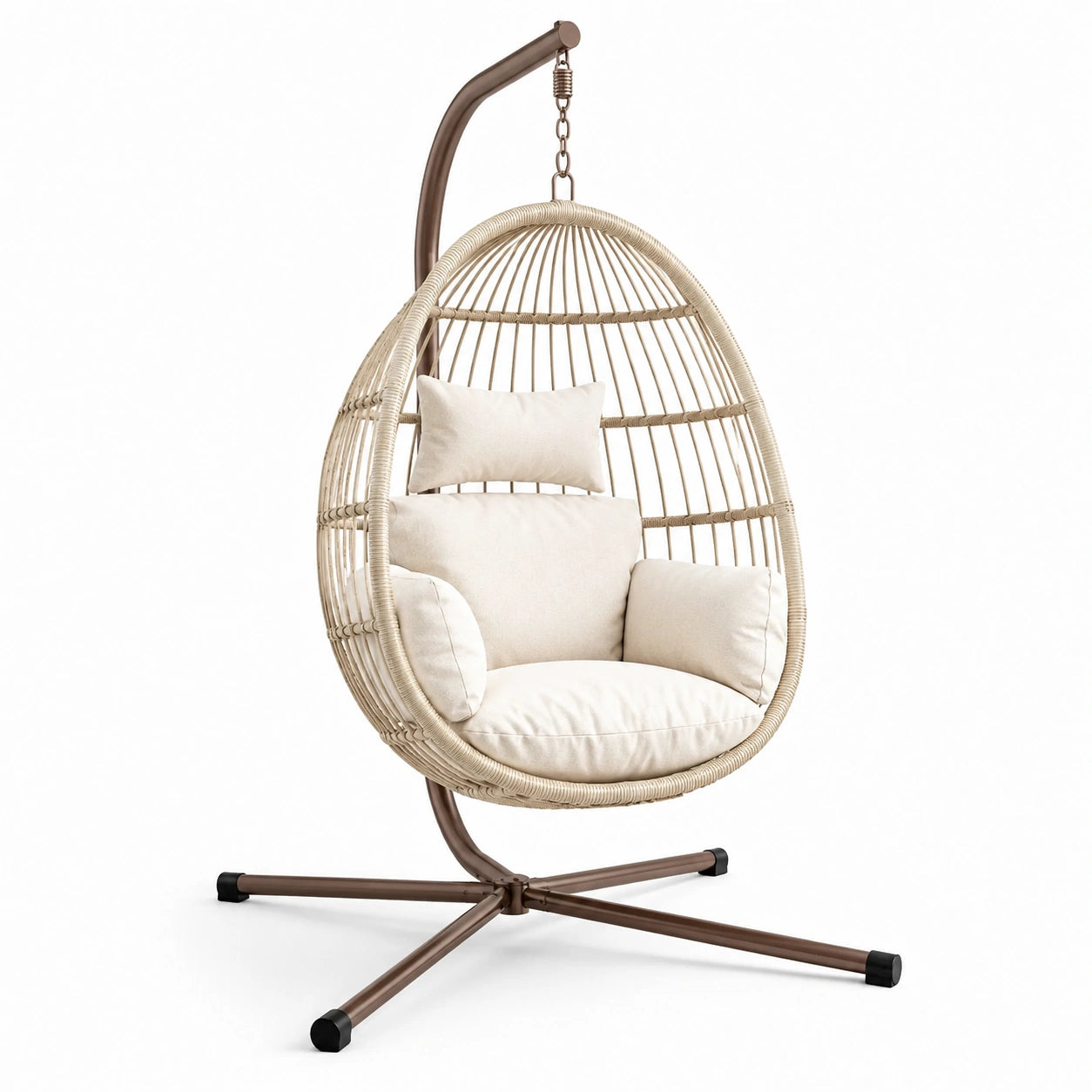 Rattan-Hängesessel mit Polyesterkissen und Stahlgestell, beige