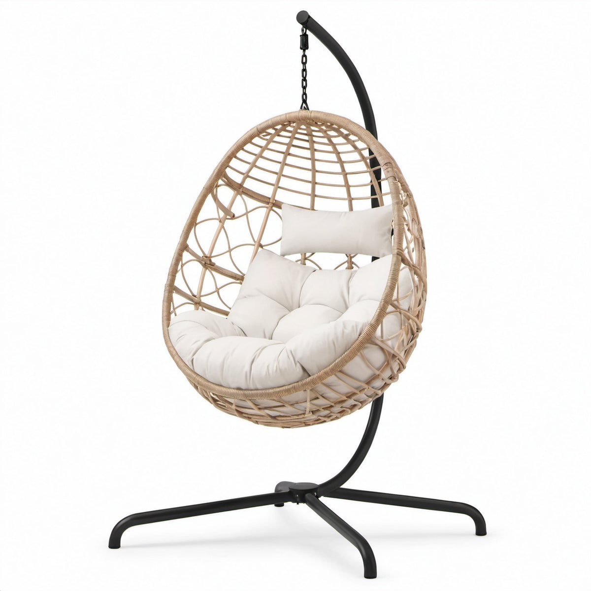 Hängesessel aus Rattan mit Kissen und Gestell in Beige