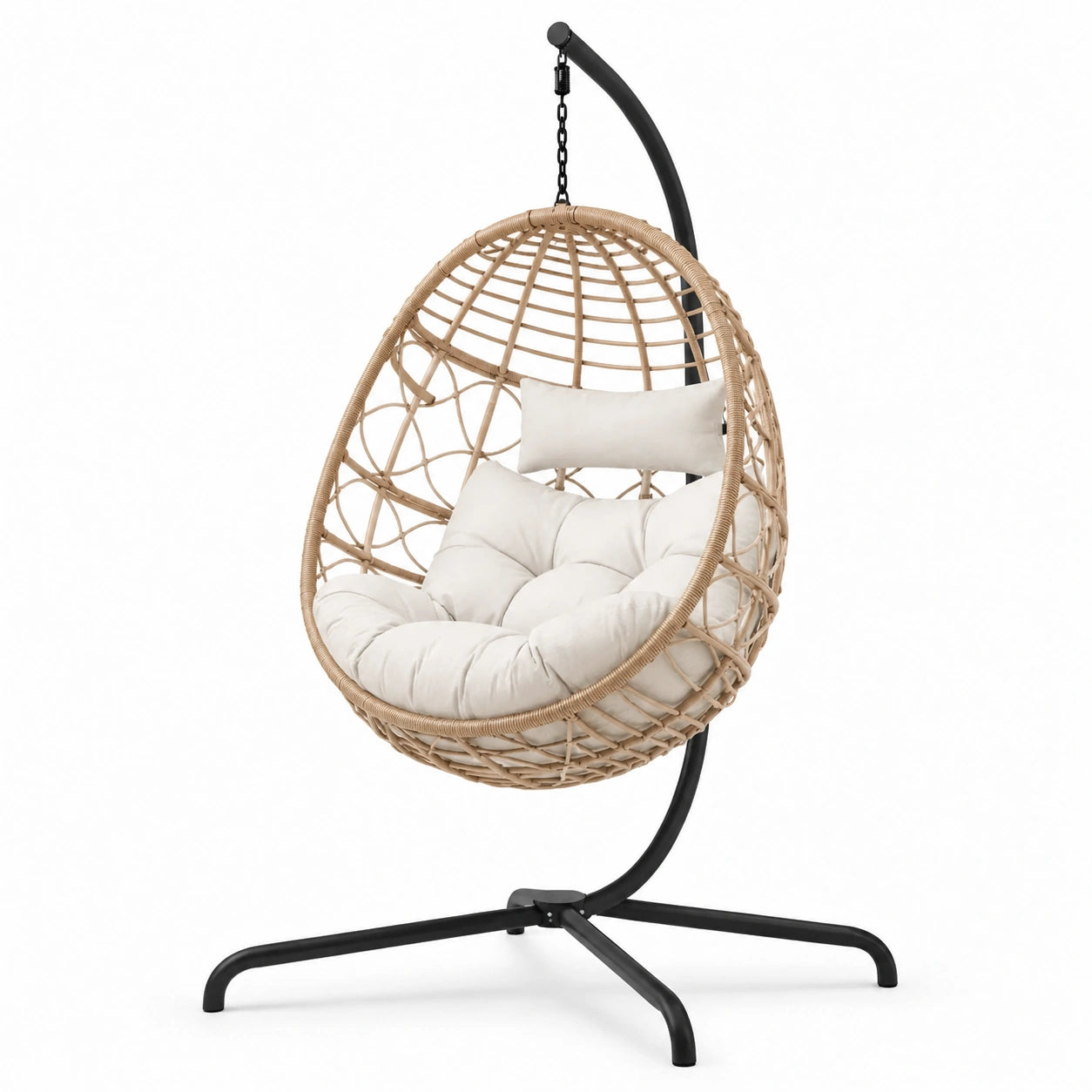 Hängesessel aus Rattan mit Kissen und Gestell in Beige