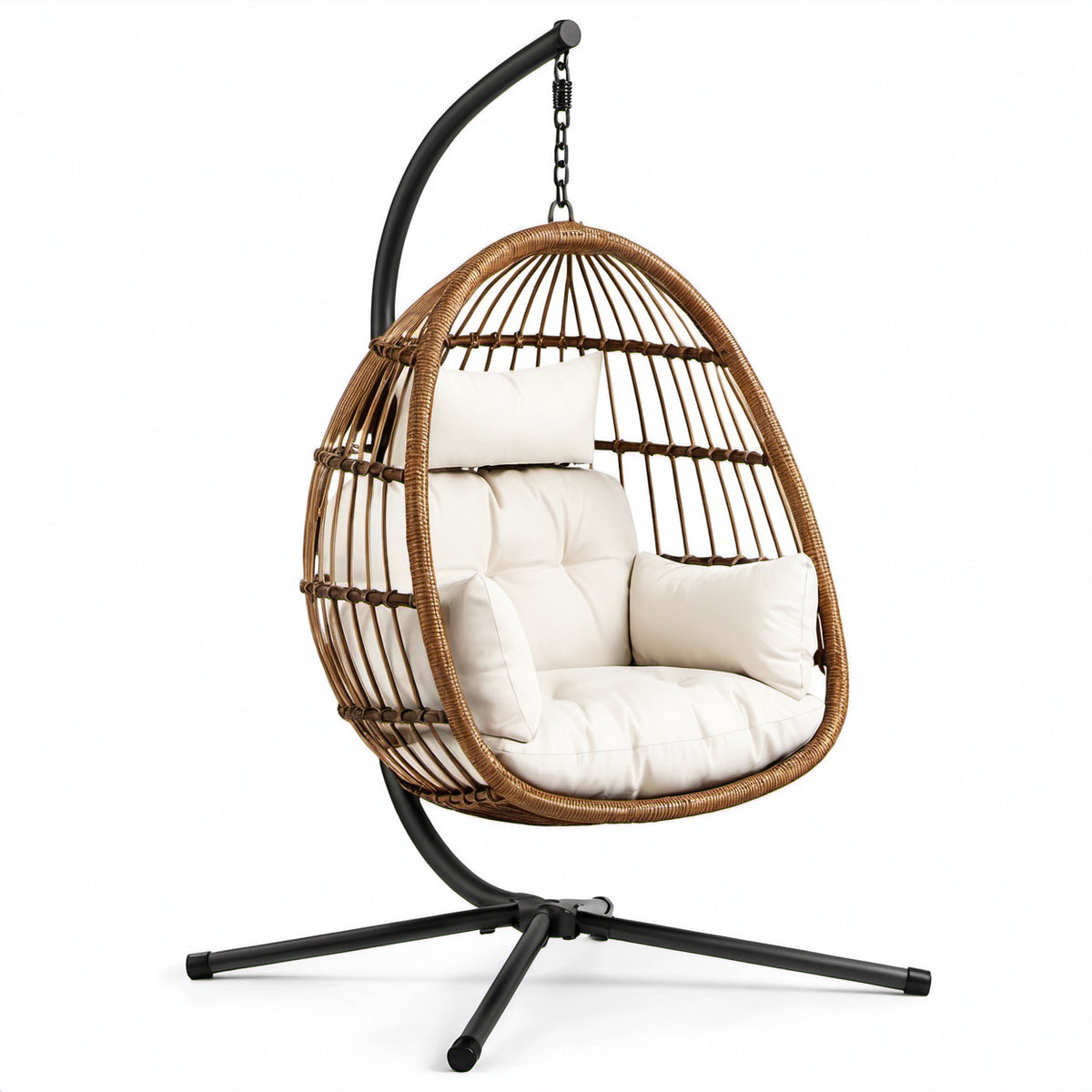 Rattan-Hängesessel mit Stahlrahmen und Polyesterkissen Braun/Creme