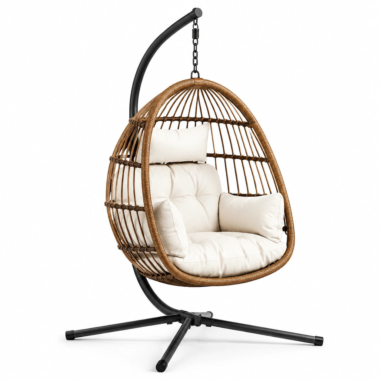 Rattan-Hängesessel mit Stahlrahmen und Polyesterkissen Braun/Creme