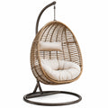 Ovaler Rattan-Hängesessel mit Stahlgestell und beigen Kissen, 195 cm