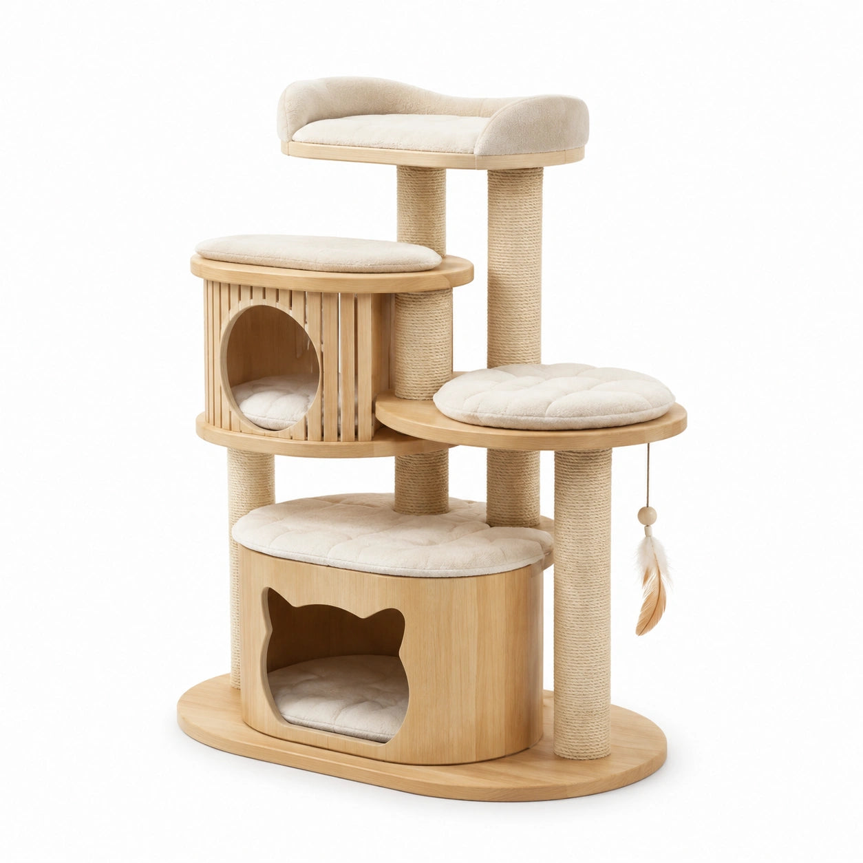 Katzenkratzbaum aus Sperrholz mit Sisal und Plüschkissen, Beige