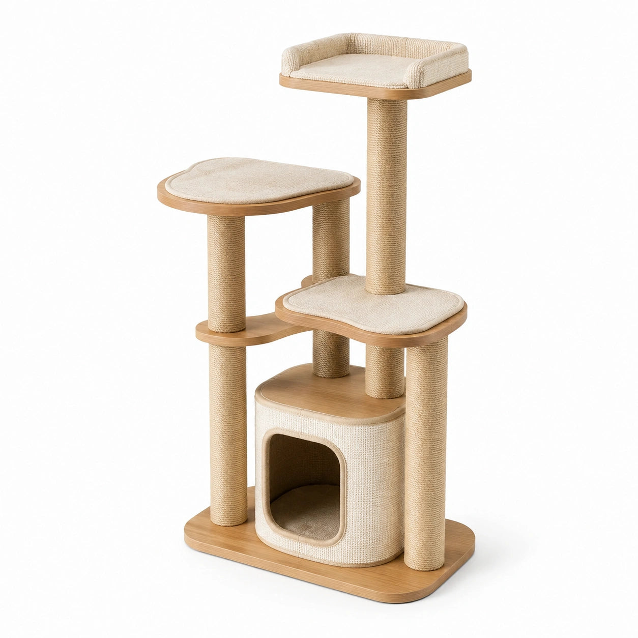 Katzenbaum aus Sperrholz und Sisal mit Plattformen Beige