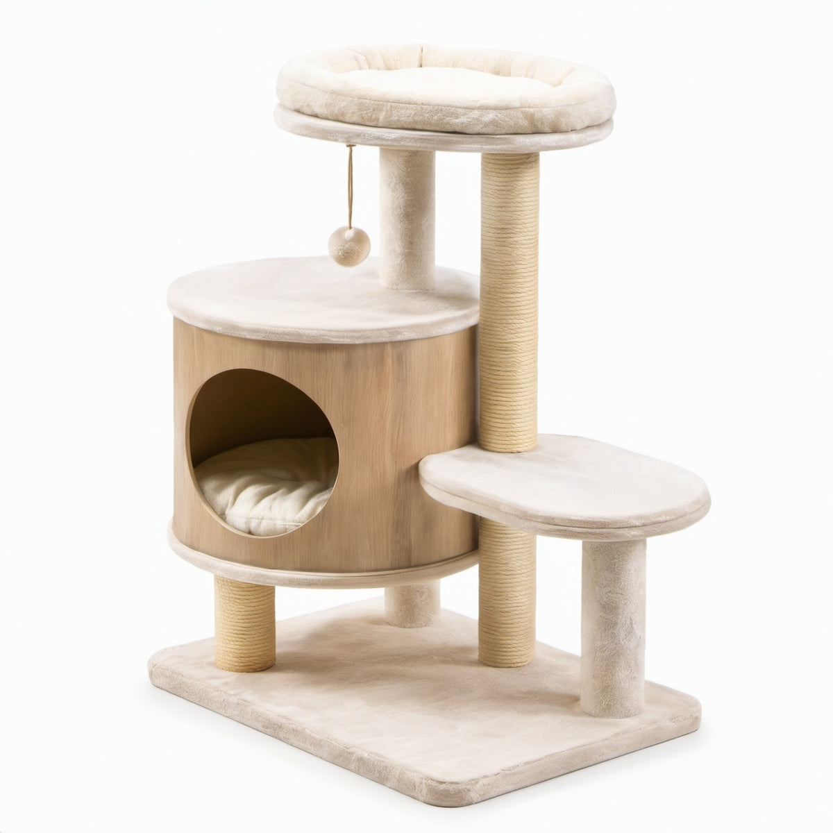 Kratzbaum aus MDF-Holz mit Sisalseil und Plüsch, Beige