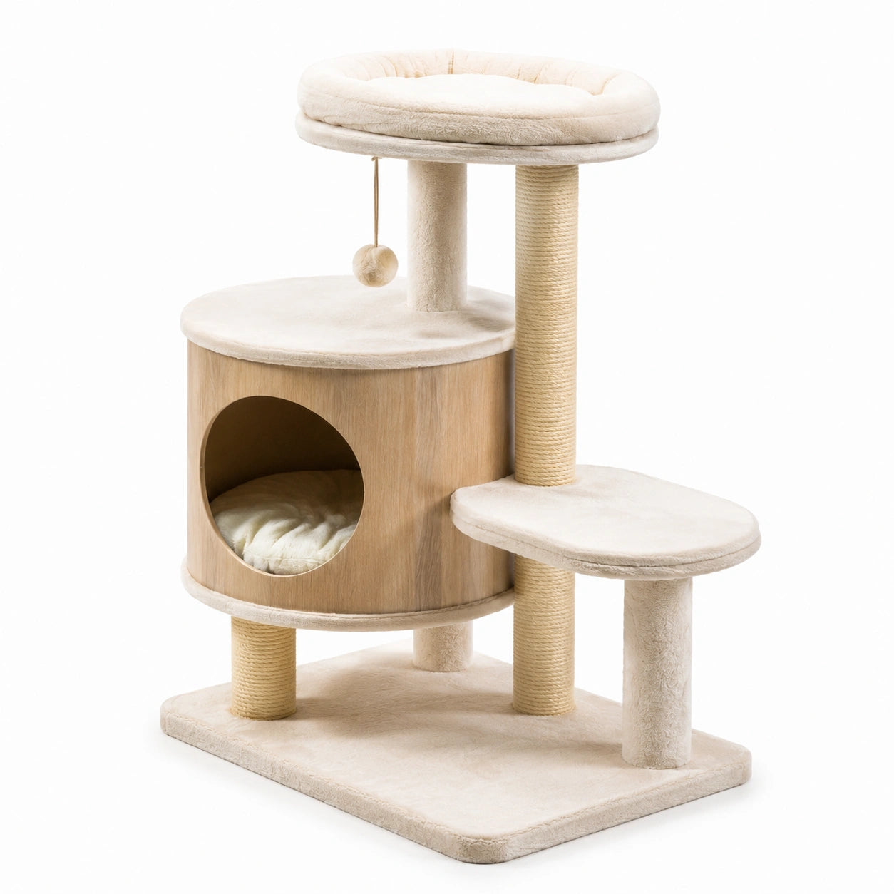 Kratzbaum aus MDF-Holz mit Sisalseil und Plüsch, Beige