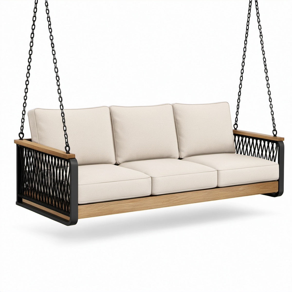 Dreifachsitzer Hängesofa Holz und Metall mit Polyesterkissen Creme
