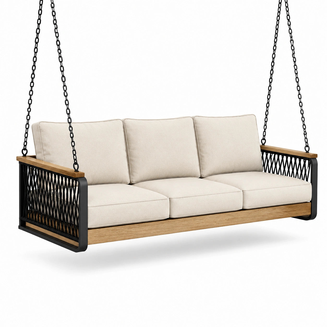 Dreifachsitzer Hängesofa Holz und Metall mit Polyesterkissen Creme